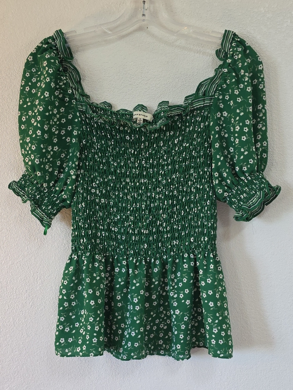 Max Studio Green Ditsy Floral Smocked Peplum Puff Sleeve Top Sz S